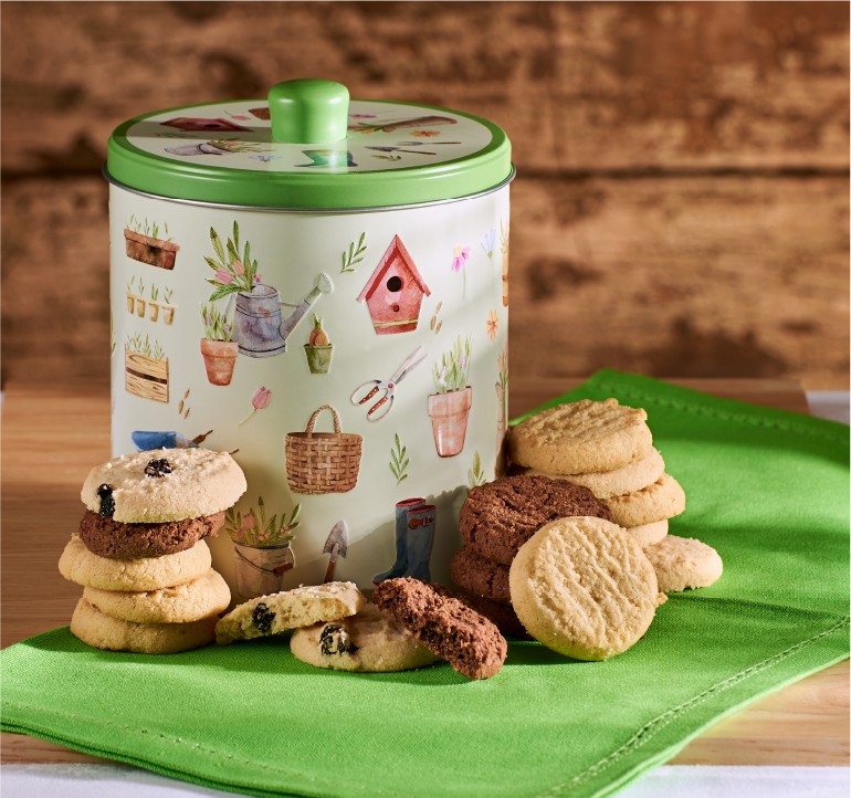 Embossed Pottering Garden Round Biscuit Tin - Grandmas Wild's 300g